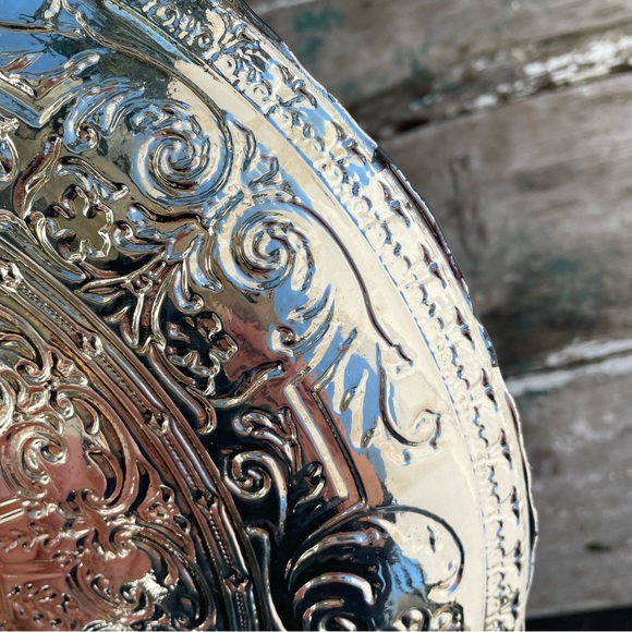 Antiqued Blue Silver Foil Embossed Glass Cake platter - Picture 15 of 16